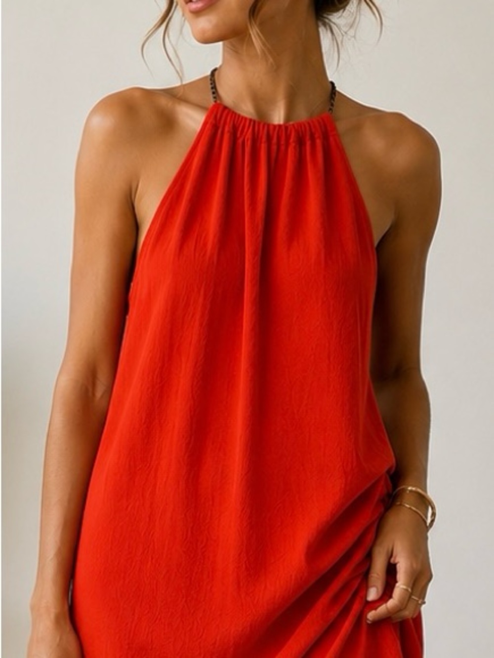 BANJUL Red Open Back Chain Detail Halter Mini Dress Size Small